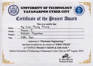 Robotic Puppeteer award certificate